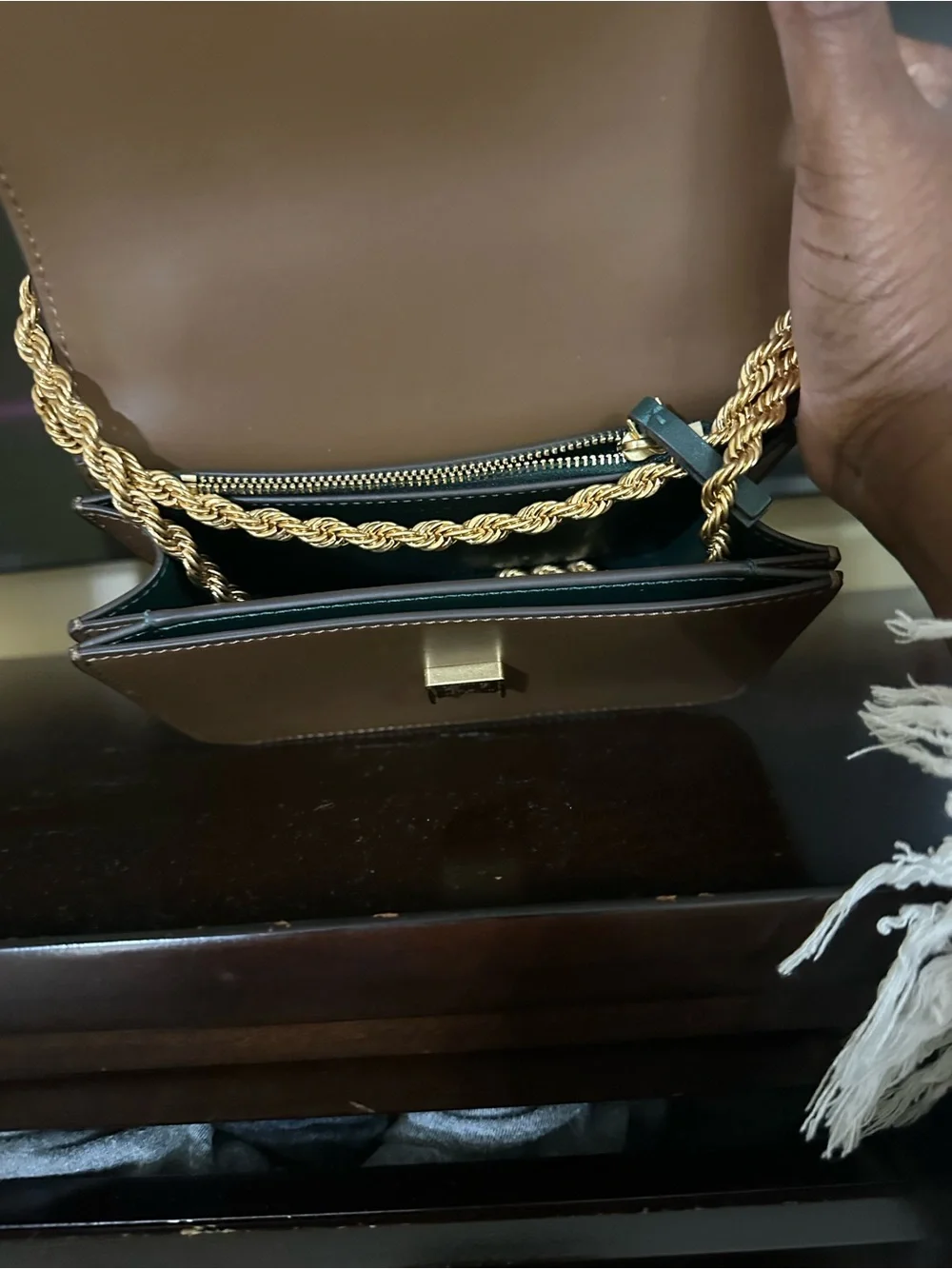 Tory Burch Taupe Leather Crossbody with Gold Logo & Chain